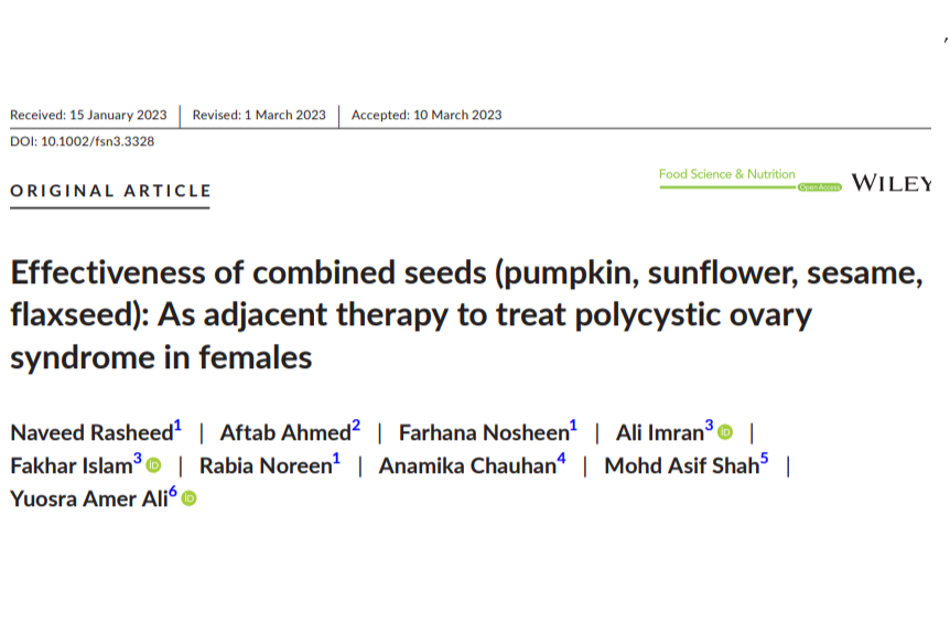 Journal article title page with text about the effectiveness of combined seeds in treating polycystic ovary syndrome.